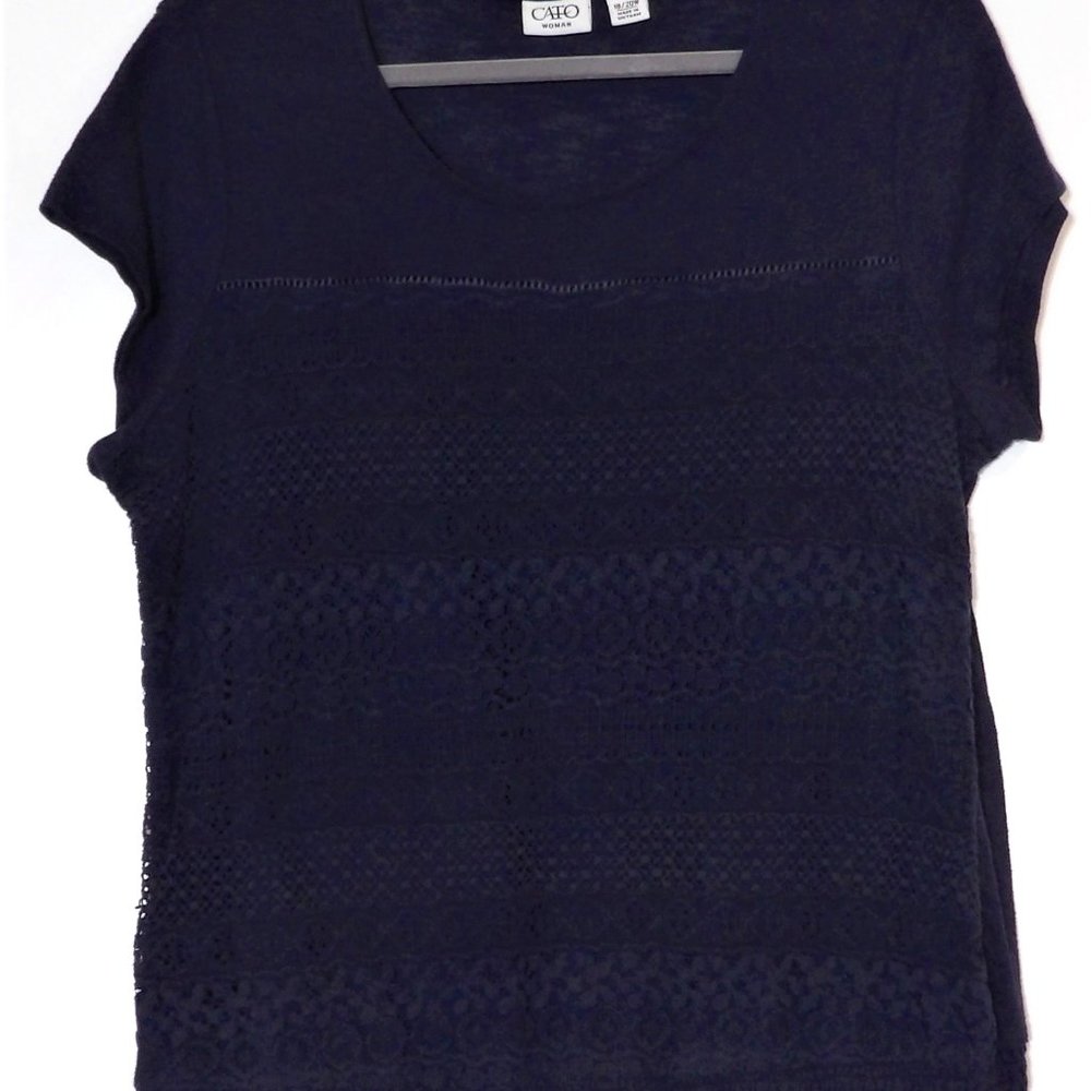Navy Women's Pullover Top with Lace Overlay Front, Elastic Hem, Cato, 18W-20W